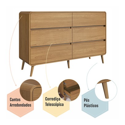 Cômda Infantil Curve 6 Gavetas Carvalho Xingu - Completa Móveis