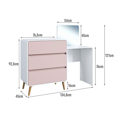 Cômoda Infantil Curve 3 Gavetas com Espelho Branco/Rosa - Completa Móveis