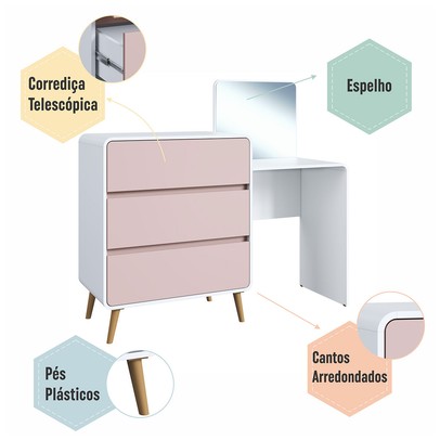 Cômoda Infantil Curve 3 Gavetas com Espelho Branco/Rosa - Completa Móveis