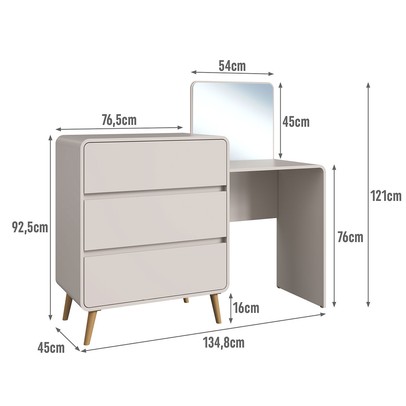 Cômoda Infantil Curve 3 Gavetas com Espelho Bege Dunas - Completa Móveis