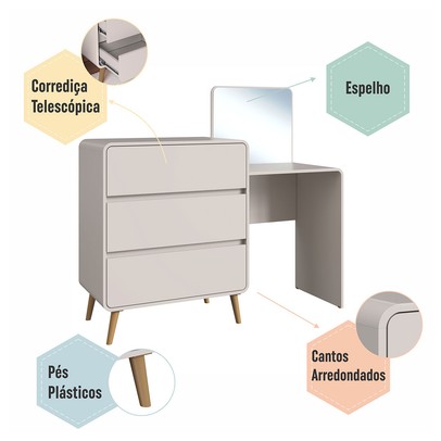 Cômoda Infantil Curve 3 Gavetas com Espelho Bege Dunas - Completa Móveis