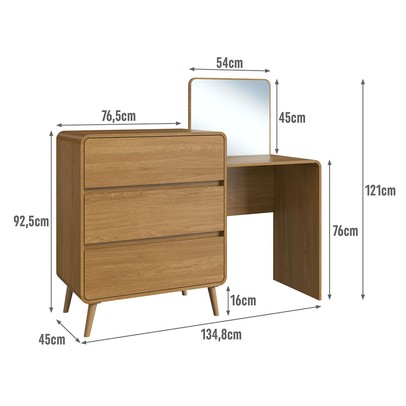 Cômoda Infantil Curve 3 Gavetas com Espelho Carvalho Xingu - Completa Móveis