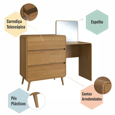 Cômoda Infantil Curve 3 Gavetas com Espelho Carvalho Xingu - Completa Móveis