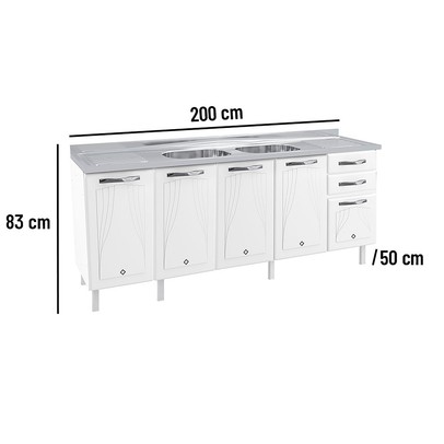 Balcão de Cozinha para Pia em Aço Star New 5 Portas 2 Gavetas Branco - Telasul
