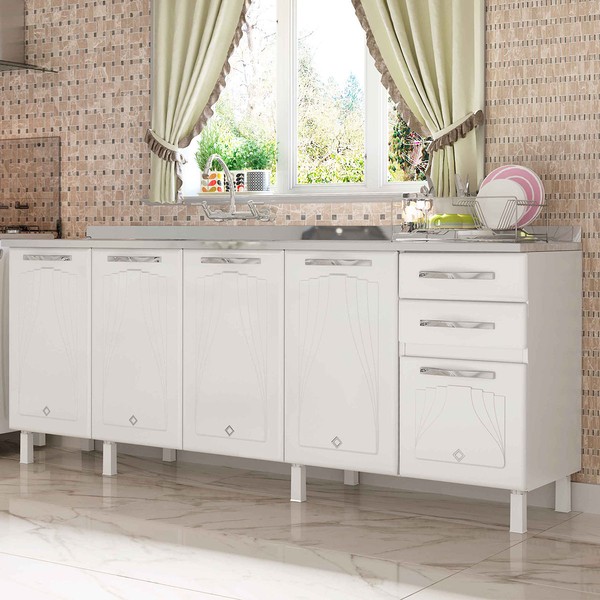 Balcão de Cozinha para Pia em Aço Star New 5 Portas 2 Gavetas Branco - Telasul