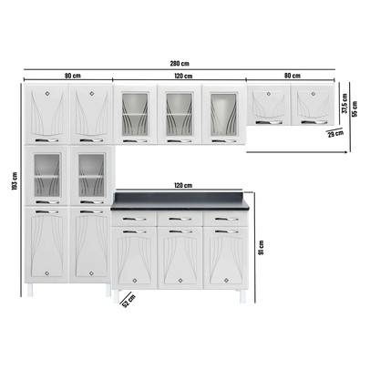 Cozinha Completa em Aço Star New 14 Portas 3 Gavetas com Vidro Branco - Telasul