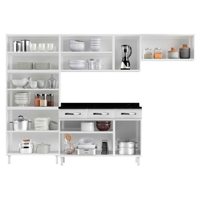 Cozinha Completa em Aço Star New 14 Portas 3 Gavetas com Vidro Branco - Telasul