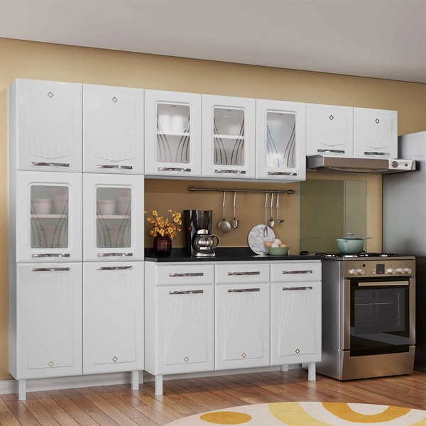 Cozinha Completa em Aço Star New 14 Portas 3 Gavetas com Vidro Branco - Telasul