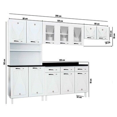 Cozinha Completa em Aço Star New 12 Portas 3 Gavetas com Vidro Branco - Telasul