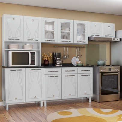 Cozinha Completa em Aço Star New 12 Portas 3 Gavetas com Vidro Branco - Telasul