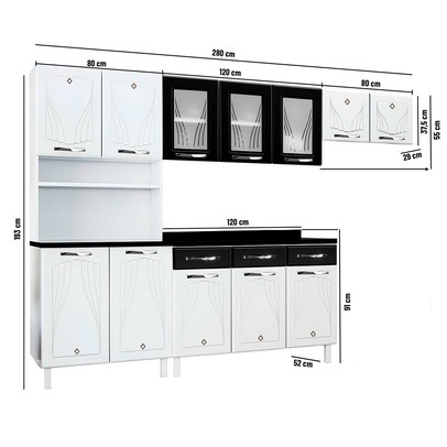 Cozinha Completa em Aço Star New 12 Portas 3 Gavetas com Vidro Preto - Telasul