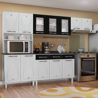 Cozinha Completa em Aço Star New 12 Portas 3 Gavetas com Vidro Preto - Telasul