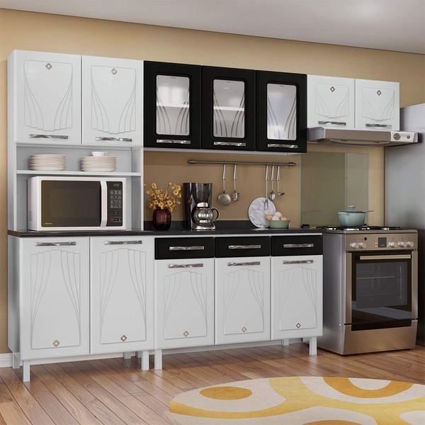 Cozinha Completa em Aço Star New 12 Portas 3 Gavetas com Vidro Preto - Telasul