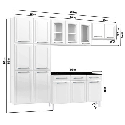 Cozinha Completa em Aço Topázio 14 Portas 3 Gavetas com Vidro Branco - Telasul