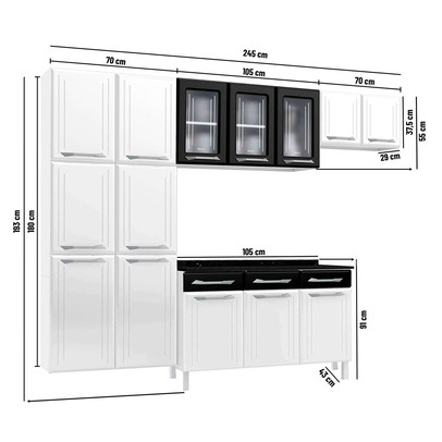 Cozinha Completa em Aço Topázio 14 Portas 3 Gavetas com Vidro Preto - Telasul