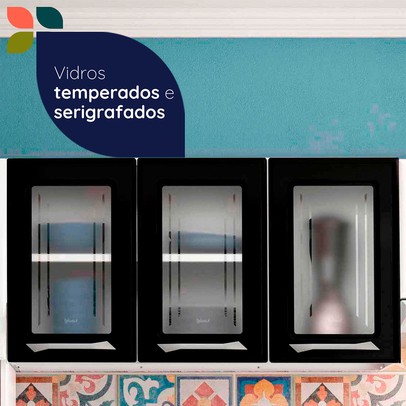 Cozinha Compacta em Aço Topázio 9 Portas com Vidro Branco Preto - Telasul