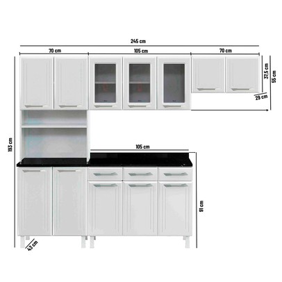 Cozinha Completa em Aço Topázio 12 Portas 3 Gavetas com Vidro Branco - Telasul