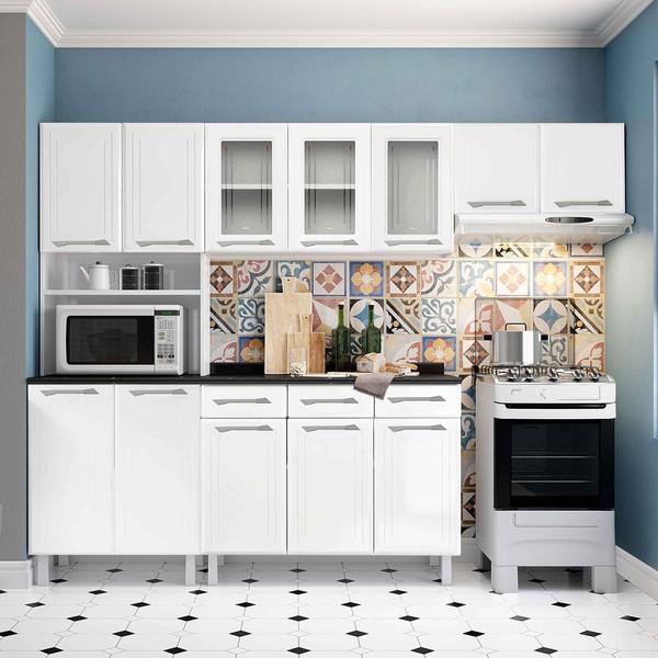 Cozinha Completa em Aço Topázio 12 Portas 3 Gavetas com Vidro Branco - Telasul