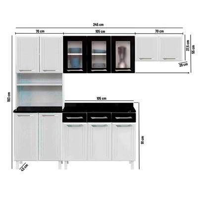 Cozinha Completa em Aço Topázio 12 Portas 3 Gavetas com Vidro Preto - Telasul