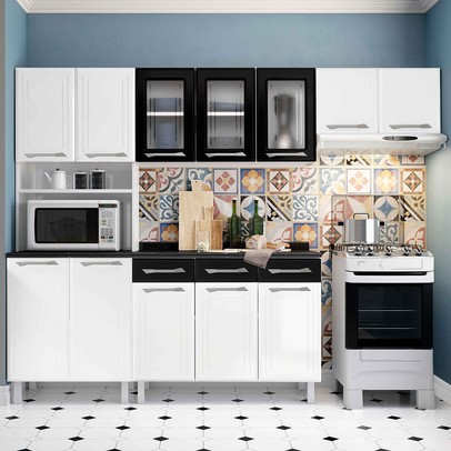 Cozinha Completa em Aço Topázio 12 Portas 3 Gavetas com Vidro Preto - Telasul