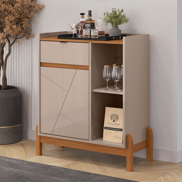 Aparador Buffet Bauman 1 Porta 1 Gaveta Off White/Cedro - Pnr Móveis