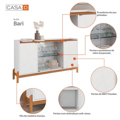 Balcão Buffet Jim 4 Portas 3 Prateleiras com Vidro Branco/Cedro - Pnr Móveis
