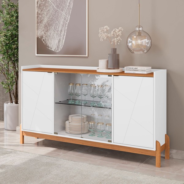 Balcão Buffet Jim 4 Portas 3 Prateleiras com Vidro Branco/Cedro - Pnr Móveis