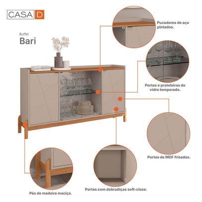 Balcão Buffet Jim 4 Portas 3 Prateleiras com Vidro Off White/Cedro - Pnr Móveis