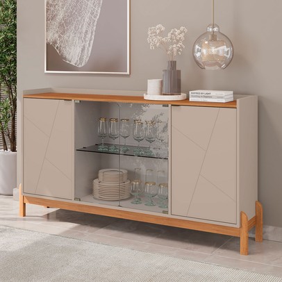 Balcão Buffet Jim 4 Portas 3 Prateleiras com Vidro Off White/Cedro - Pnr Móveis