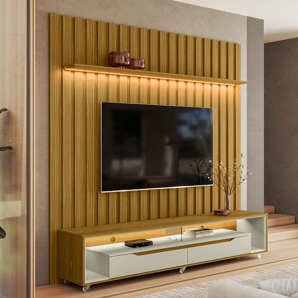Rack com Painel para TV Até 70 Polegadas Loop 2 Gavetas 1 Prateleira Cedro/Off White - Olivar Móveis