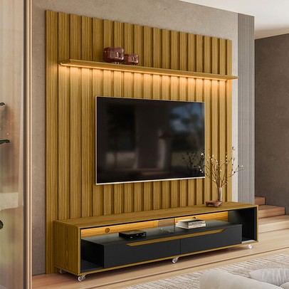 Rack com Painel para TV Até 70 Polegadas Loop 2 Gavetas 1 Prateleira Cedro/Preto - Olivar Móveis