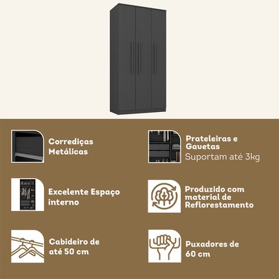 Guarda-Roupa Solteiro Lugano 3 Portas 2 Gavetas Grafite - Hecol Móveis