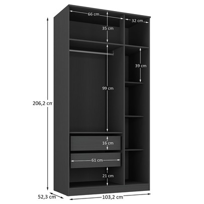 Guarda-Roupa Solteiro Lugano 3 Portas 2 Gavetas Grafite - Hecol Móveis