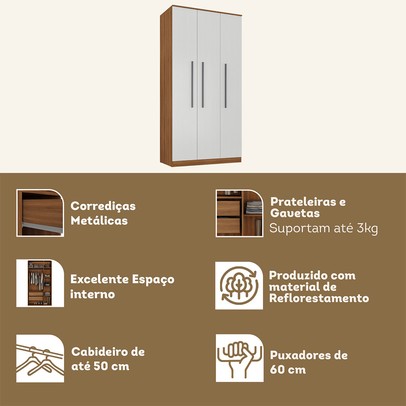 Guarda-Roupa Solteiro Lugano 3 Portas 2 Gavetas Nogal/Branco - Hecol Móveis