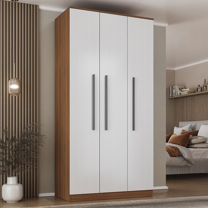 Guarda-Roupa Solteiro Lugano 3 Portas 2 Gavetas Nogal/Branco - Hecol Móveis