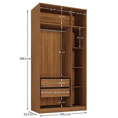 Guarda-Roupa Solteiro Lugano 3 Portas 2 Gavetas Nogal/Branco - Hecol Móveis