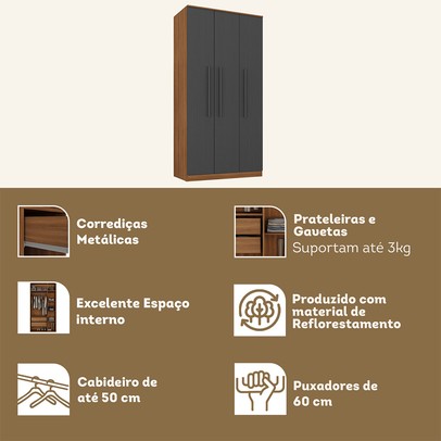 Guarda-Roupa Solteiro Lugano 3 Portas 2 Gavetas Nogal/Grafite - Hecol Móveis