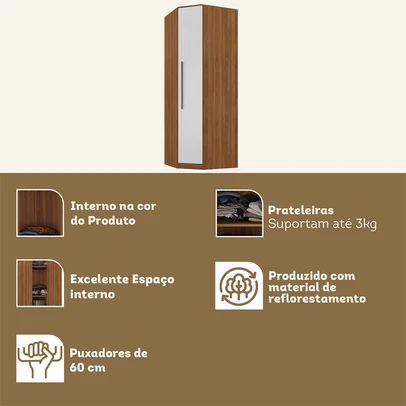 Guarda-Roupa Solteiro Modulado Lugano 1 Porta 2 Prateleiras Nogal/Branco - Hecol Móveis