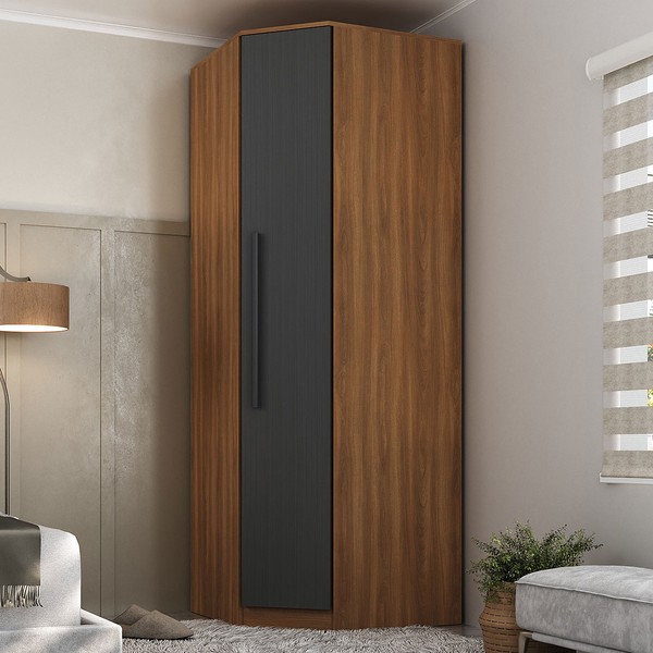 Guarda-Roupa Solteiro Modulado Lugano 1 Porta 2 Prateleiras Nogal/Grafite - Hecol Móveis