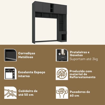 Guarda-Roupa Solteiro Modulado Ponte Lugano 4 Portas 1 Gaveta Grafite - Hecol Móveis