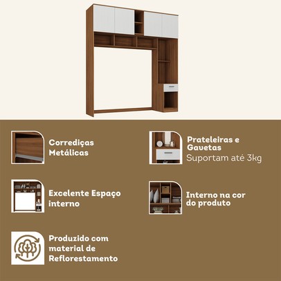 Guarda-Roupa Solteiro Modulado Ponte Lugano 4 Portas 1 Gaveta Nogal/Branco - Hecol Móveis