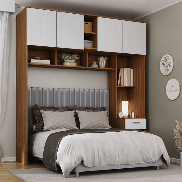 Guarda-Roupa Solteiro Modulado Ponte Lugano 4 Portas 1 Gaveta Nogal/Branco - Hecol Móveis