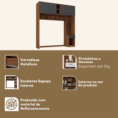 Guarda-Roupa Solteiro Modulado Ponte Lugano 4 Portas 1 Gaveta Nogal/Grafite - Hecol Móveis