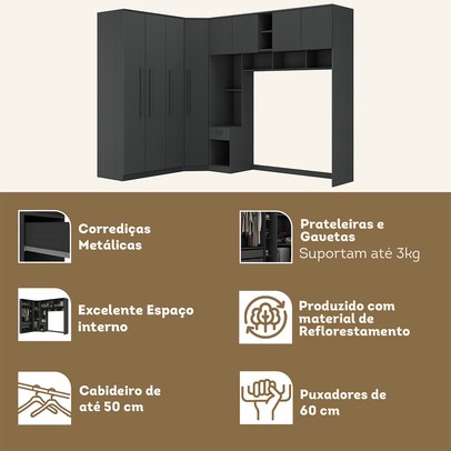 Guarda-Roupa Casal Modulado Lugano 8 Portas 3 Gavetas Grafite - Hecol Móveis