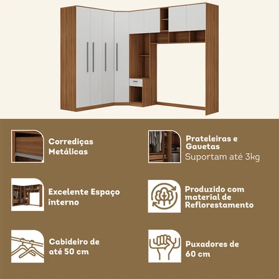 Guarda-Roupa Casal Modulado Lugano 8 Portas 3 Gavetas Nogal/Branco - Hecol Móveis