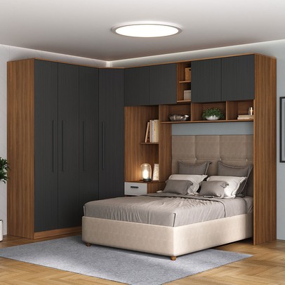 Guarda-Roupa Casal Modulado Lugano 8 Portas 3 Gavetas Nogal/Grafite - Hecol Móveis