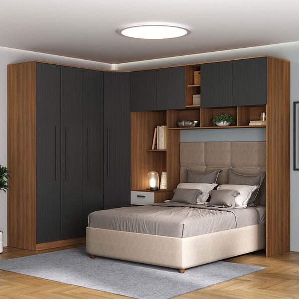 Guarda-Roupa Casal Modulado Lugano 8 Portas 3 Gavetas Nogal/Grafite - Hecol Móveis