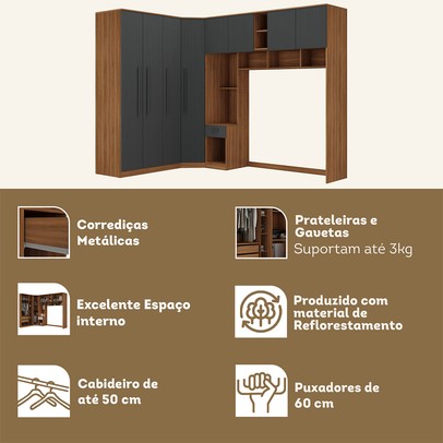 Guarda-Roupa Casal Modulado Lugano 8 Portas 3 Gavetas Nogal/Grafite - Hecol Móveis
