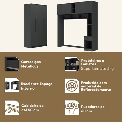 Guarda-Roupa Casal Modulado Lugano 7 Portas 3 Gavetas Grafite - Hecol Móveis