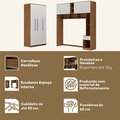 Guarda-Roupa Casal Modulado Lugano 7 Portas 3 Gavetas Nogal/Branco - Hecol Móveis